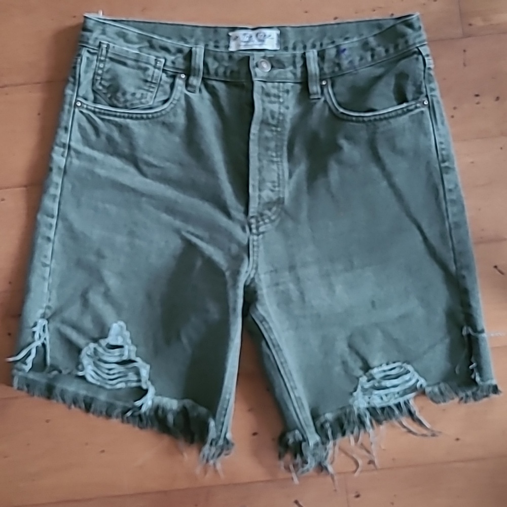 Free People Sequoia Green Distressed Button Fly Shorts